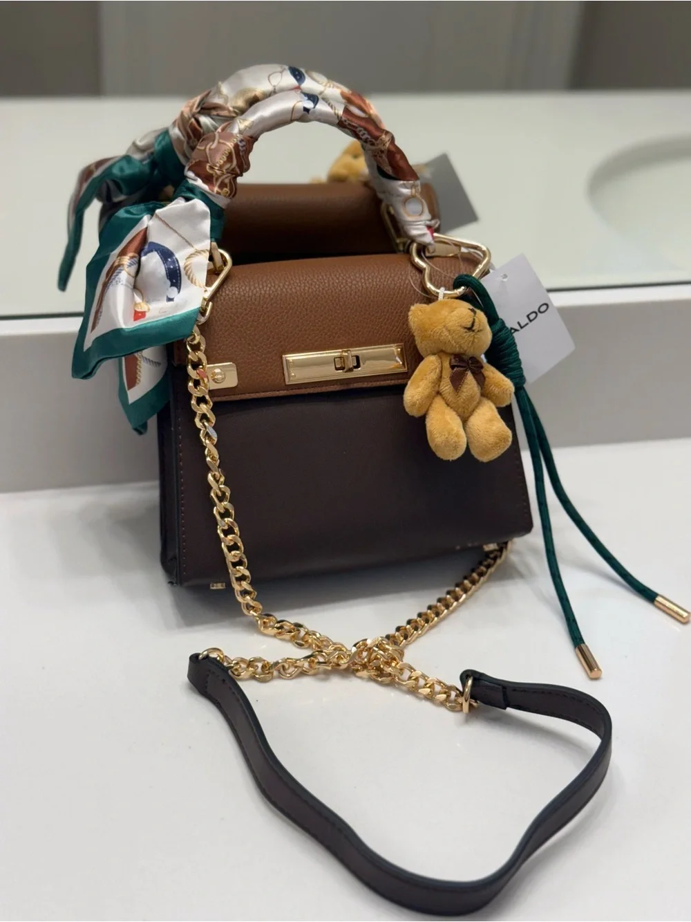 Aldo Two-Tone Brown Satchel with Gold Chain and Scarf Handle 🧸 NWT 🧸